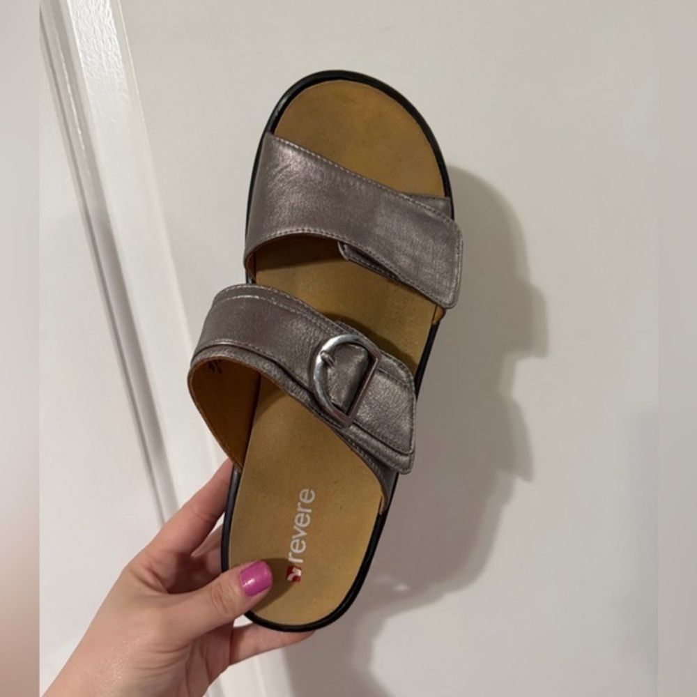 Revere London Gun Metal Metallic Leather Slide Sandals 10 Wide 10W